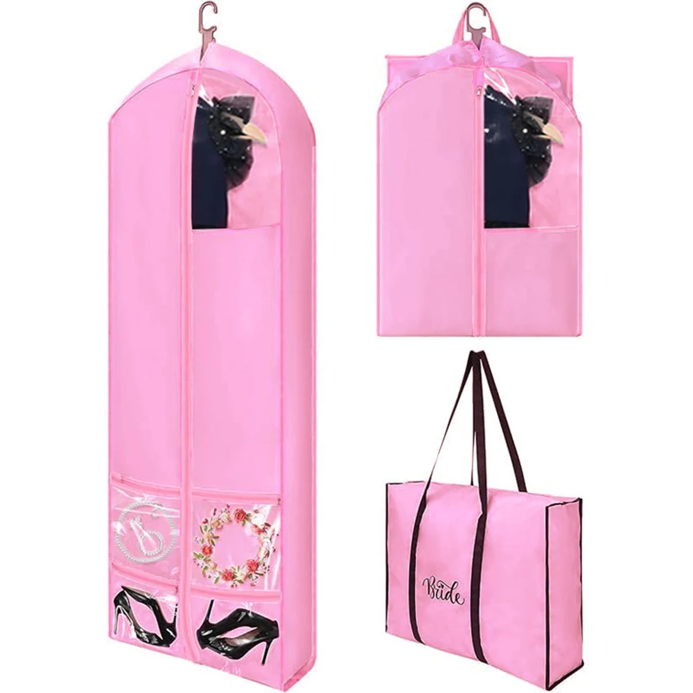 Pink Wedding Dress Garment Bag Durable Oxford Cloth Long Bridal Gown Travel Bag With Accessory Pockets Dust Cover Handbag 2 Set