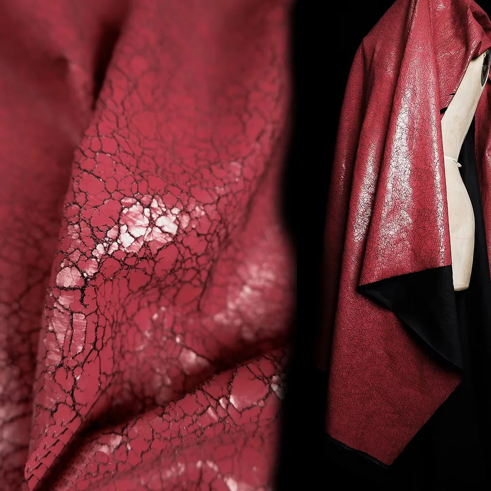 

50x147cm Dark Crimson Cracked Texture PU Leather Vintage-style Retro Dress Coat Creative Fashion Designer Fabric