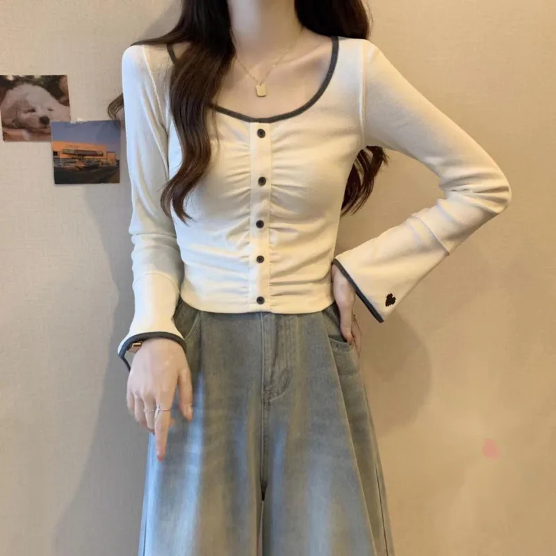 

Korean Style Long Sleeve T-shirt Women Winter White Grey Flare Sleeve Button Decoration Casual Slim Fashion Tops Sweet Clothes