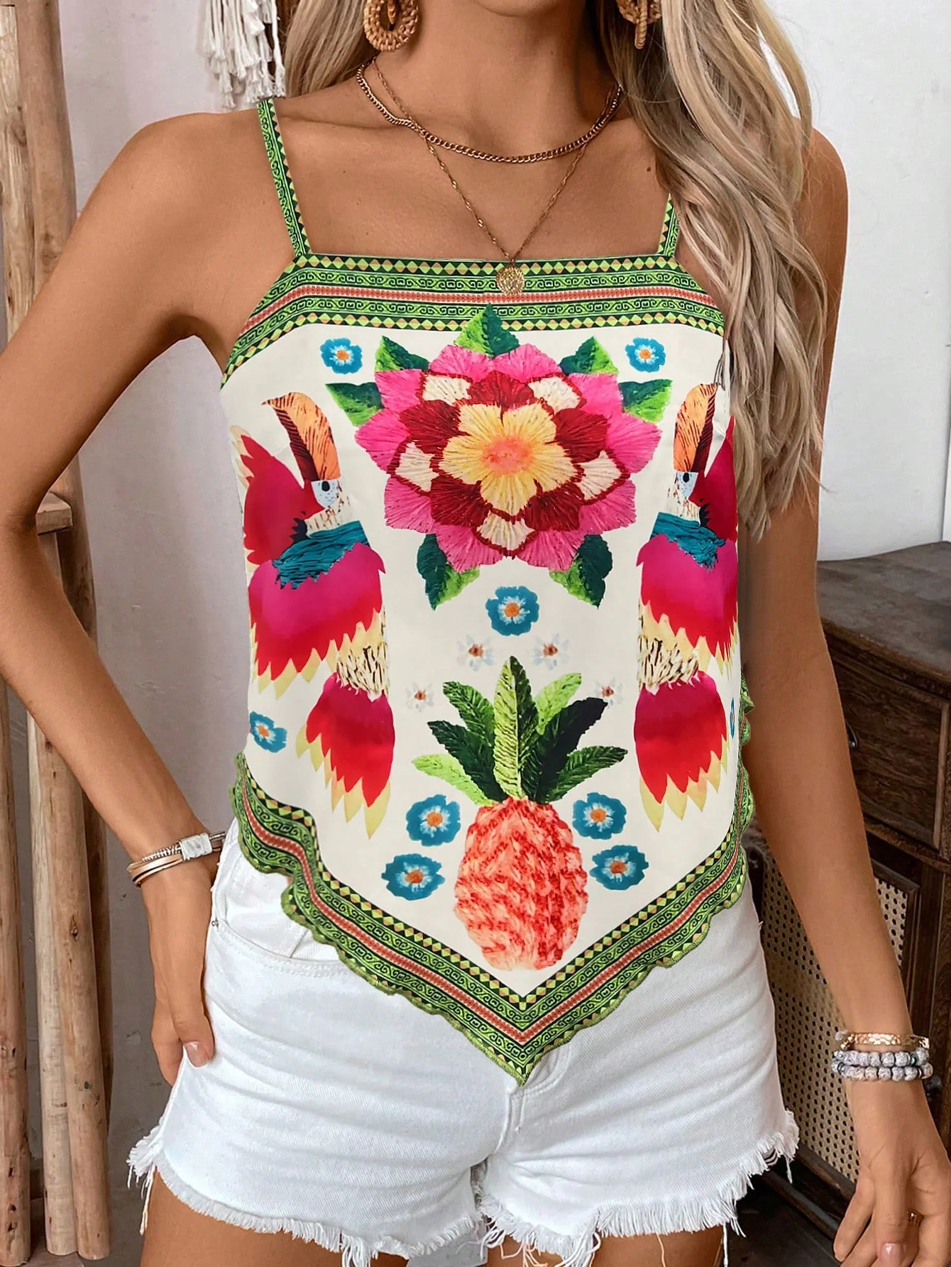 Cropped-Top, Damen-Sommer-Camisole mit V-Ausschnitt, Blumenmuster und Metallschnalle am Rücken, schmal geschnitten, strukturierter Stoff, geeignet für Festivals