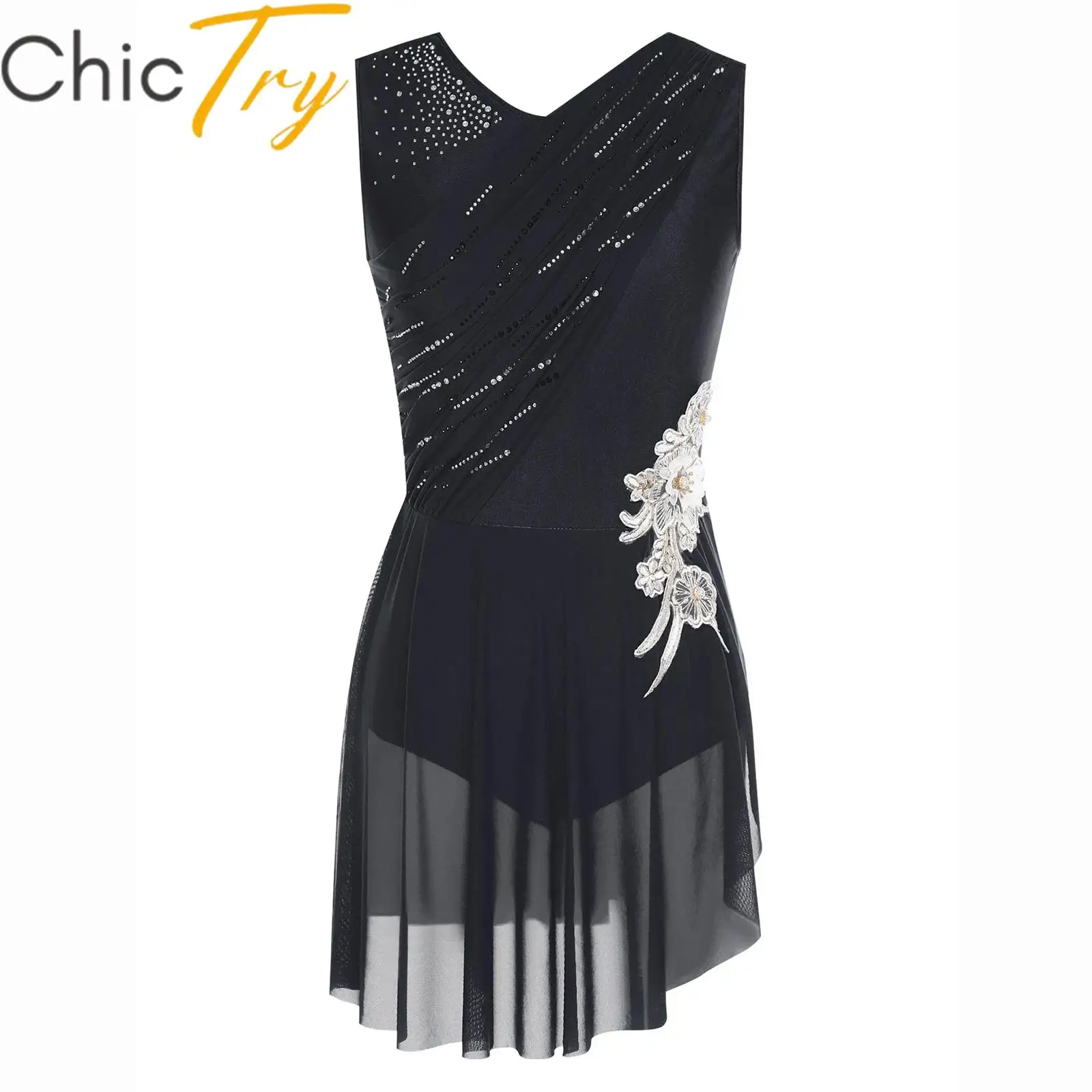 

Womens Ballet Lyrical Dance Dress Figure Skating Dancewear Sleeveless Mesh Rhinestones Side Slit Irregular Applique Tulle Dress