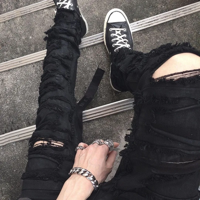 

High Street Men's Casual Pants Patch Design Men Trousers Owens Jeans for Man Full Length Black Solid Men's Clothing