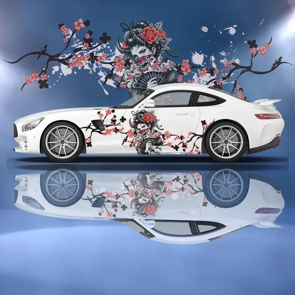 

Geisha Girl Cherry Blossom Decoration Car Side Sticker Vinyl Self-adhesive Paper Motorsport Paint Decal Suitable for Truck Suv