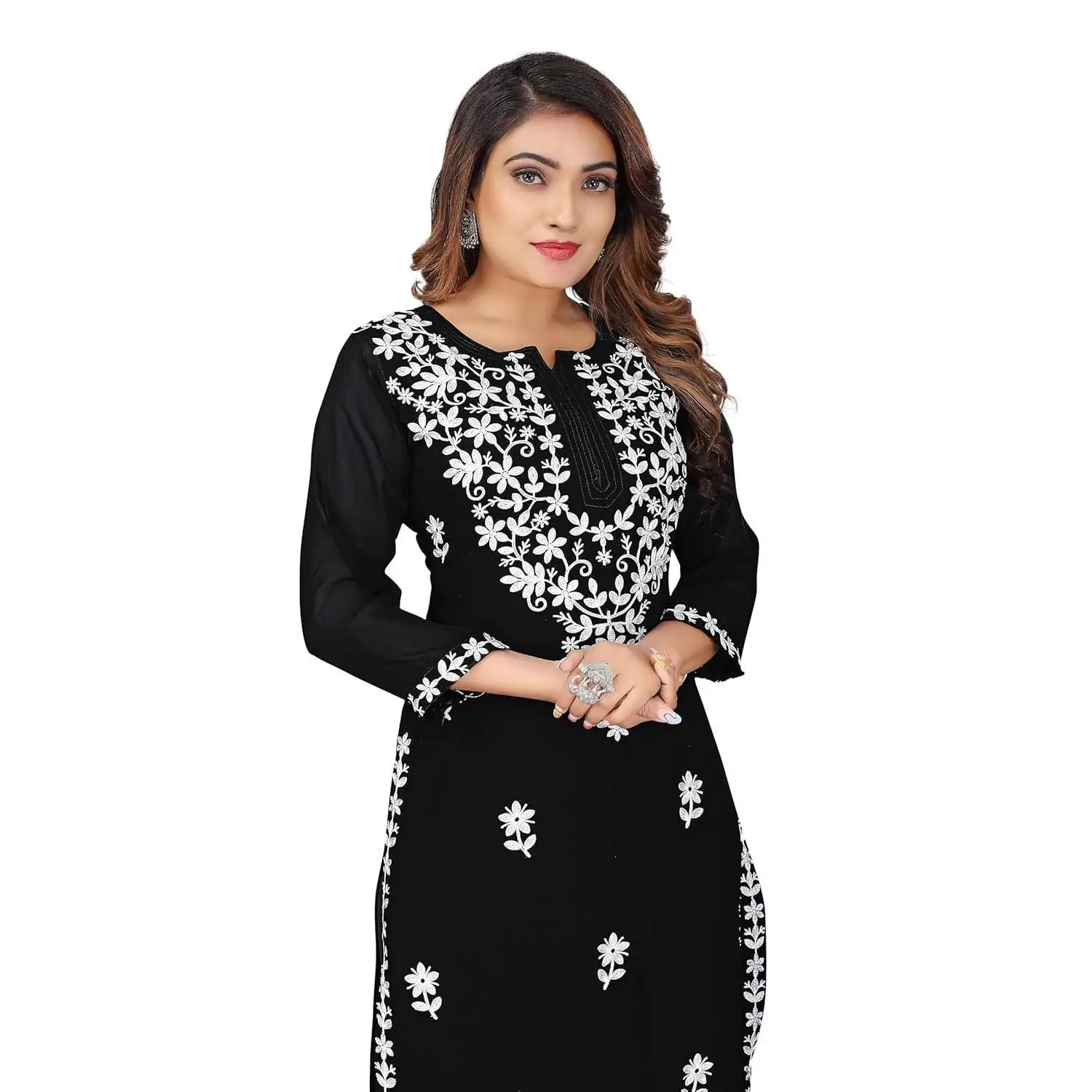 Women's Kurt casual fashion dress long sleeved straight tube casual ethnic flower Mandarin round neck regular size design sense