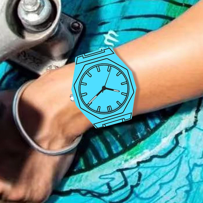 ساعة كوارتز مرصعة بشريط أزرق عصري رياضي مضلع للرجال