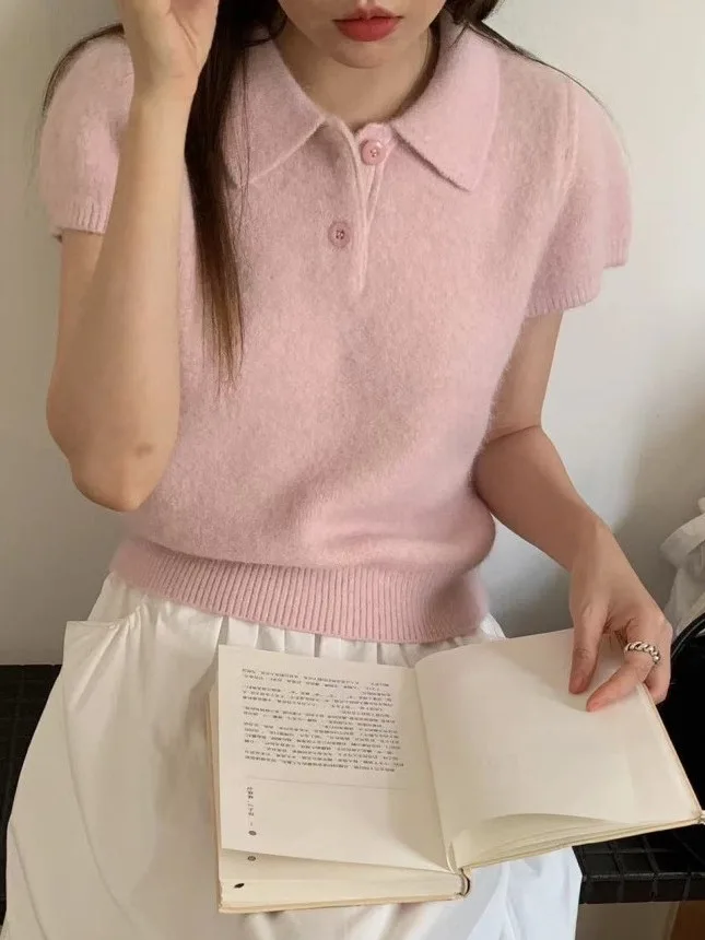 

Pink Gentle Sle ort Sve Knitwear Women's Autumn Winter Slim Fit irt Collar High Quali Top Faion Ele