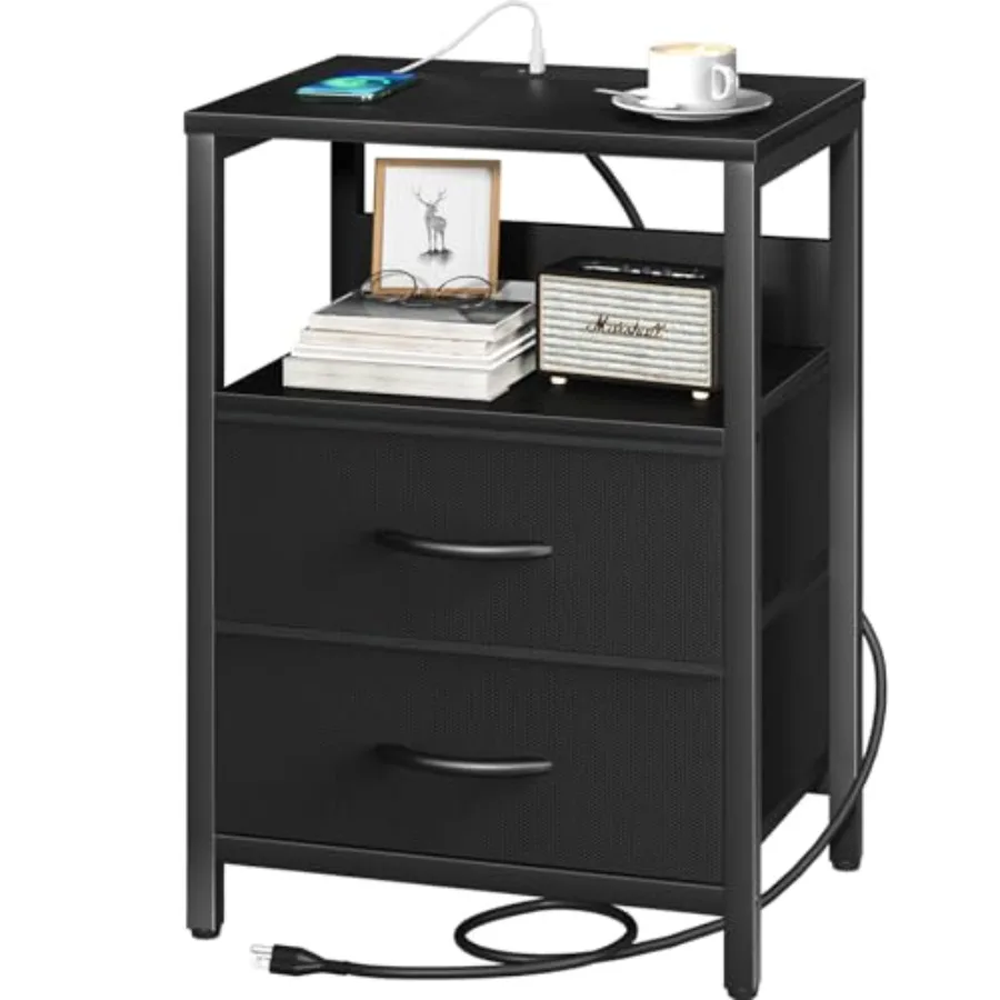 

Nightstand with Charging Station Small Night Stand with Fabric Drawers and Storage Shelf for Bedrooms Nightstands for Small Spa