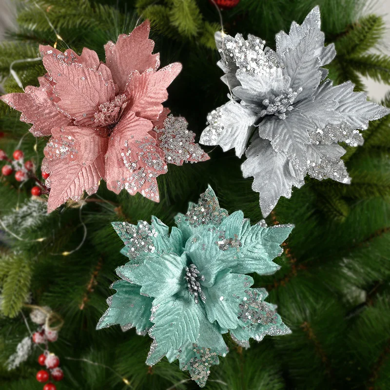 20/25cm Large Christmas Artificial Flowers Decoration Sequins Poinsettia Fake Flower for Home New Year Xmas Tree Ornament 1/2pcs