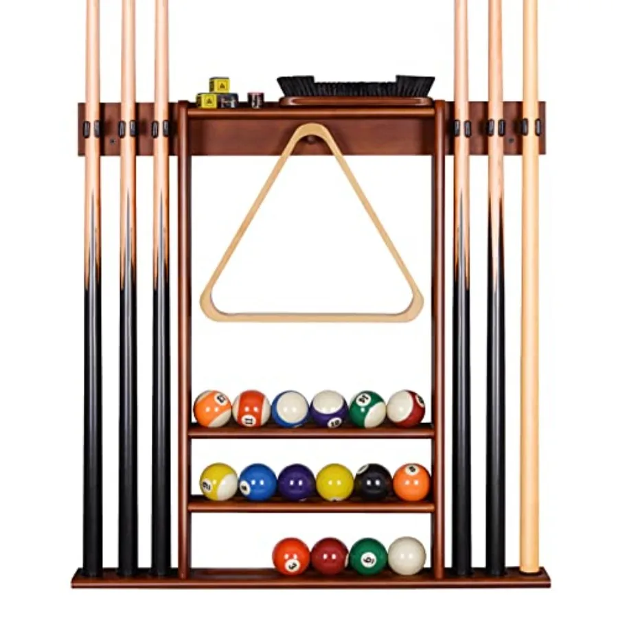 

Wall Mount Pool Cue Rack for Billiard Room and Man Cave: Holds Up to 6 Pool Sticks and Includes Ball Set Ideal for Home Game Ro