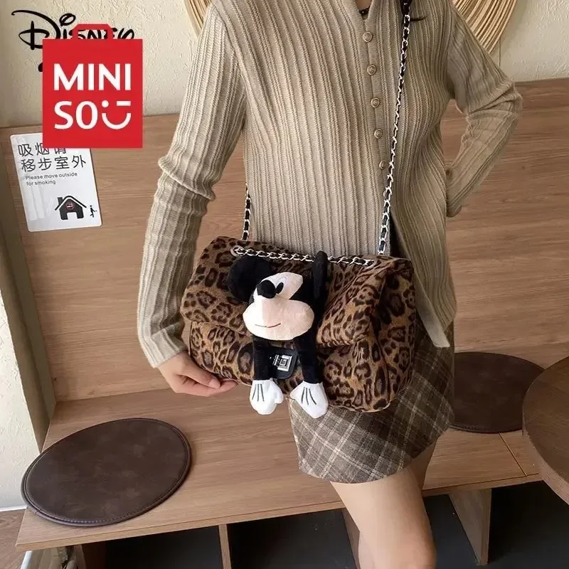 Disney Mickey Shoulder Bag Kawaii Cartoon Female Leopard Print Underarm Bag Fashion Cute Cartoon Handbag Commuter Shoulder Bag