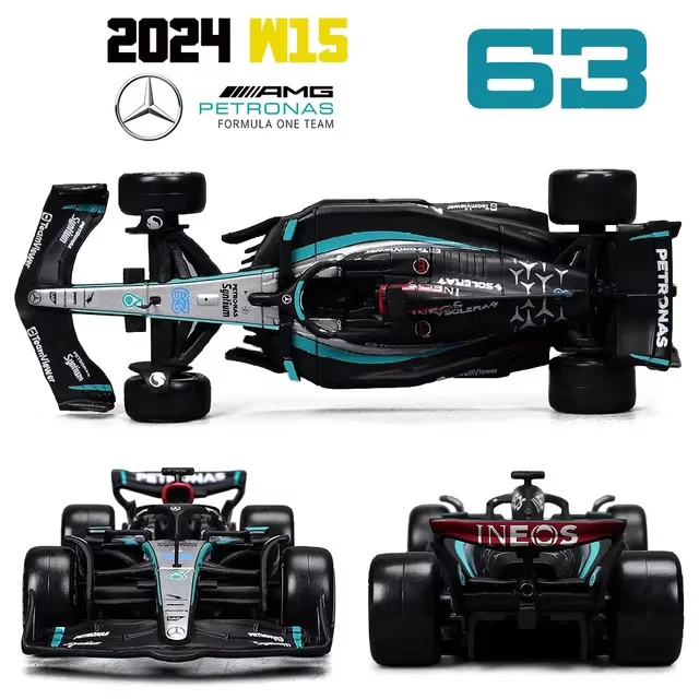 Bburago 1:43 Mercedes-AMG Petronas W15 F1 2024 #63 George Russell #44 Lewis Hamilton Formula One With Helmet Acrylic Box Toy