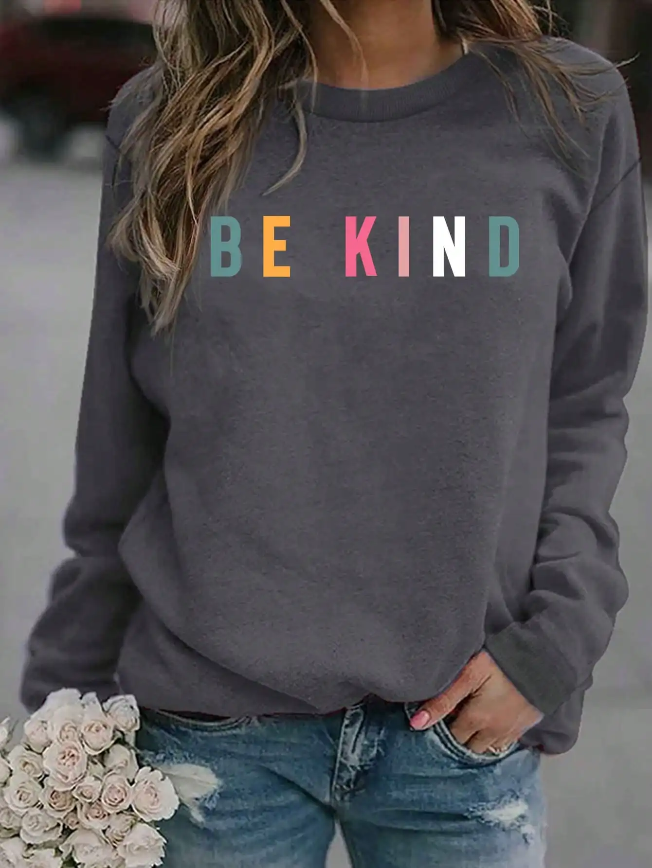 

Be Kind Letter Print Casual Round Neck Sweatshirt, Long Sleeve Loose Fit Top for Women