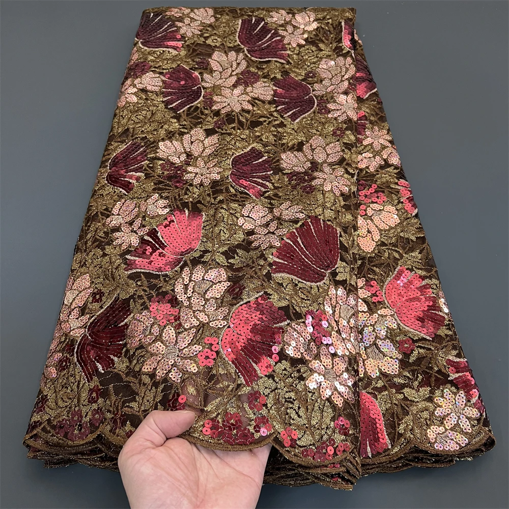 

2025 African Nigeria High-Quality Sequins Embroidery Tulle Lace Fabric Guipure Dress Beads Stone 5Yards for Wedding Party PS0075