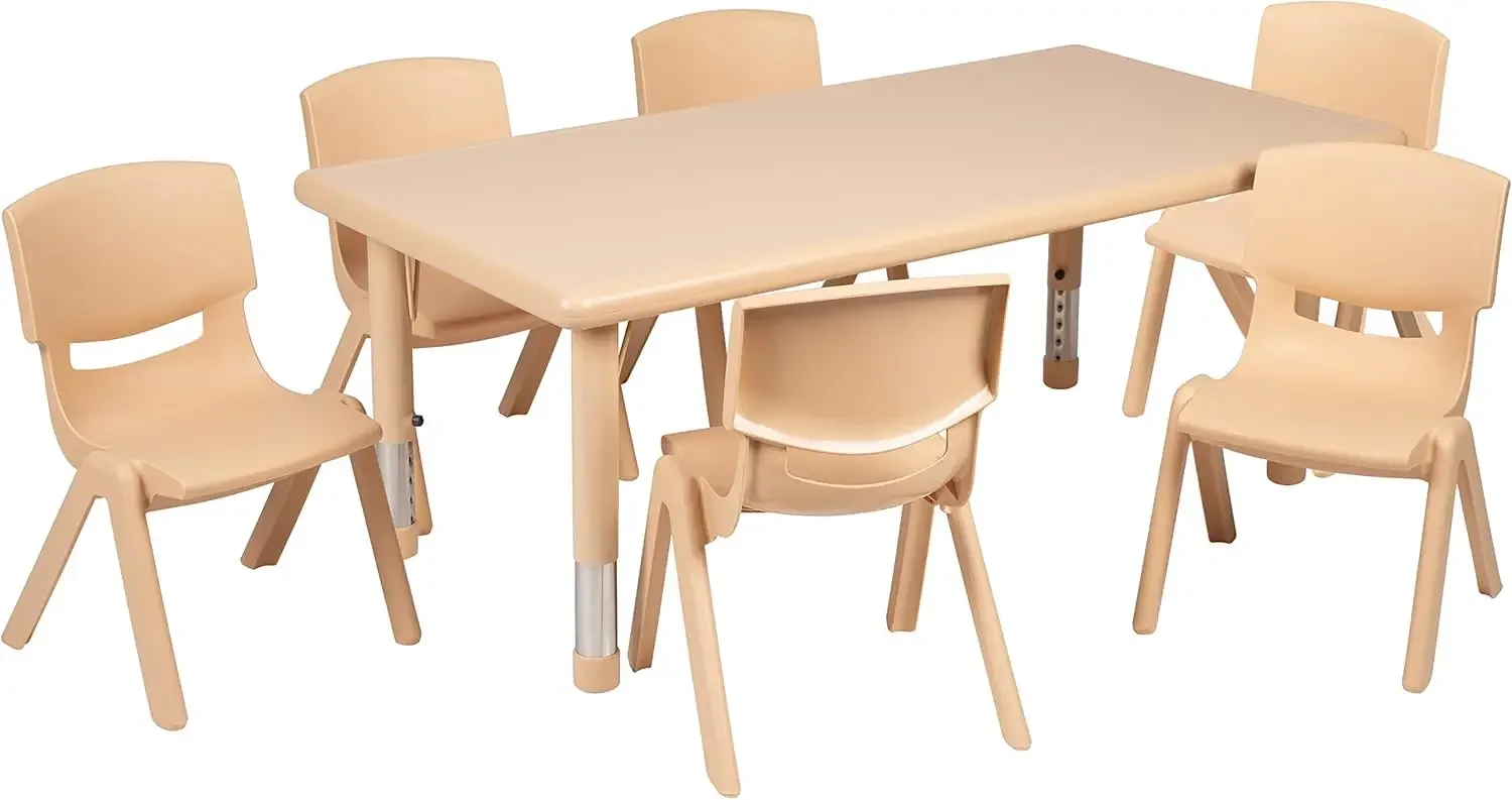 Adjustable Classroom Activity Table with 6 Stackable Chairs, Rectangular Plastic Activity Table for Kids, 24" W x 48" L, Natural
