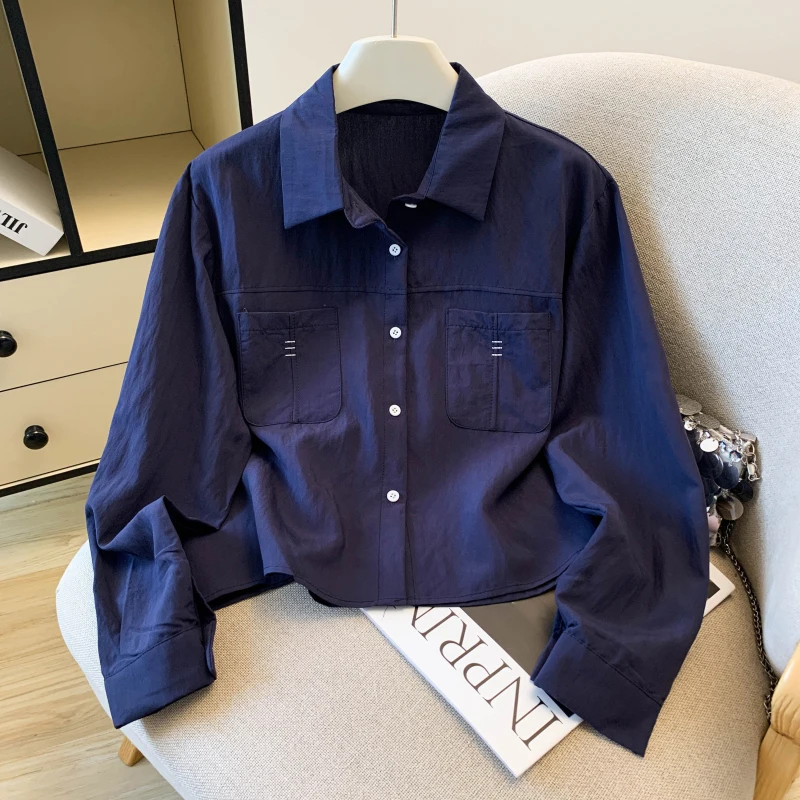 Korean Fashion Women White Shirt Long Sleeve Single-Breasted Cropped Tops Blouse Spring Autumn Pocket Blouse camisas de mujer