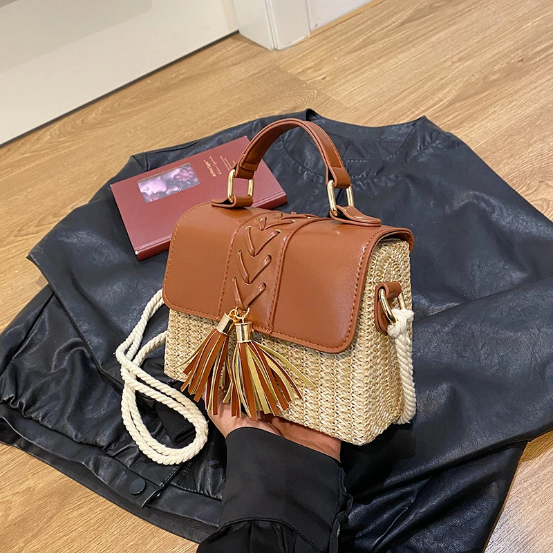Strand Stroh Umhängetasche für Frauen neue Designer Boho Sommer tasche Pu Leder Handtasche und Geldbörse Reise Umhängetasche – Detail 22