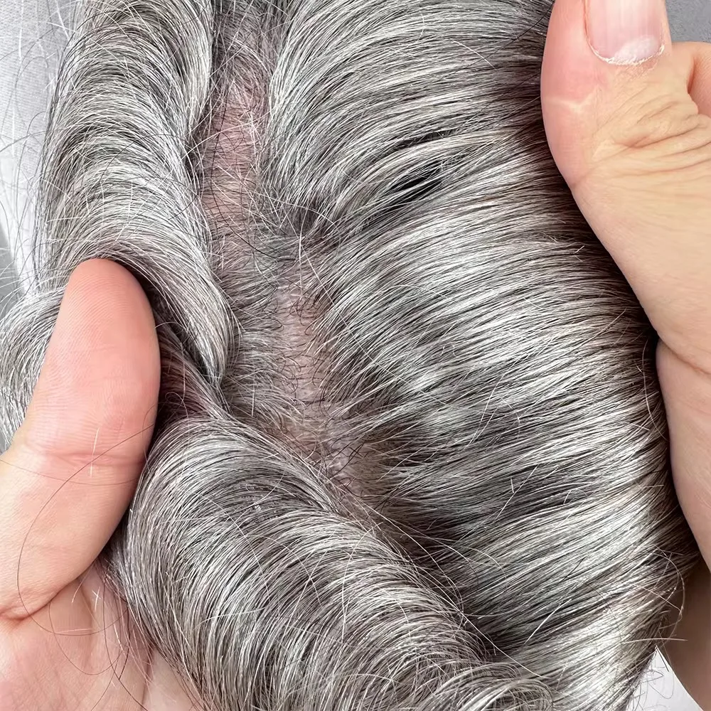 0.04～0.05mmの薄いPUレザー # 1B65 ブラックグレー メンズヘアピース インド人毛 ナチュラルな生え際 交換用プロテーゼ 男性用ウィッグ