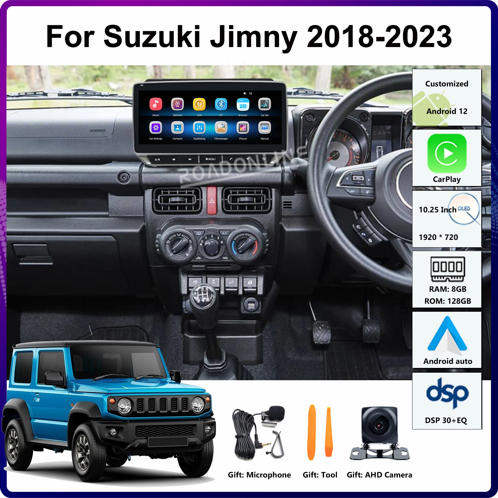 

10,25 "Android 12 для Suzuki Jimny 2018-2023 1920*720 8-ядерный 8 + 256G Автомобильный мультимедийный плеер стерео радио приемник головное устройство CarPlay