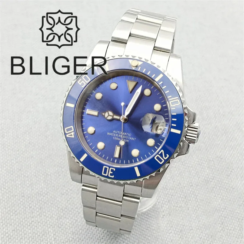 BLIGER 40mm NH35 Automatic Watch For Men Black Blue Green Ceramic Bezel Sapphire Glass Luminous Date Steel Strap Glide Clasp
