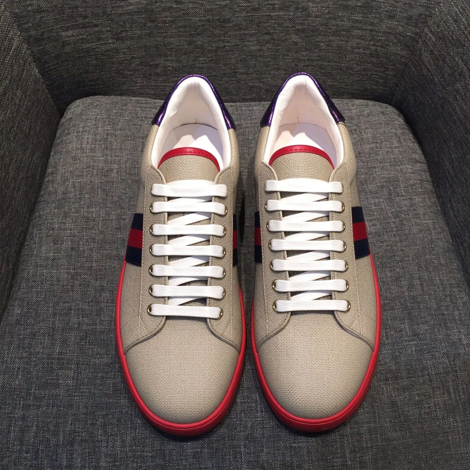 Unisex Khaki Canvas Skate Sneakers, Red Navy Side Stripe Lace Up Bright Red Sole Low Top Street Board Shoes