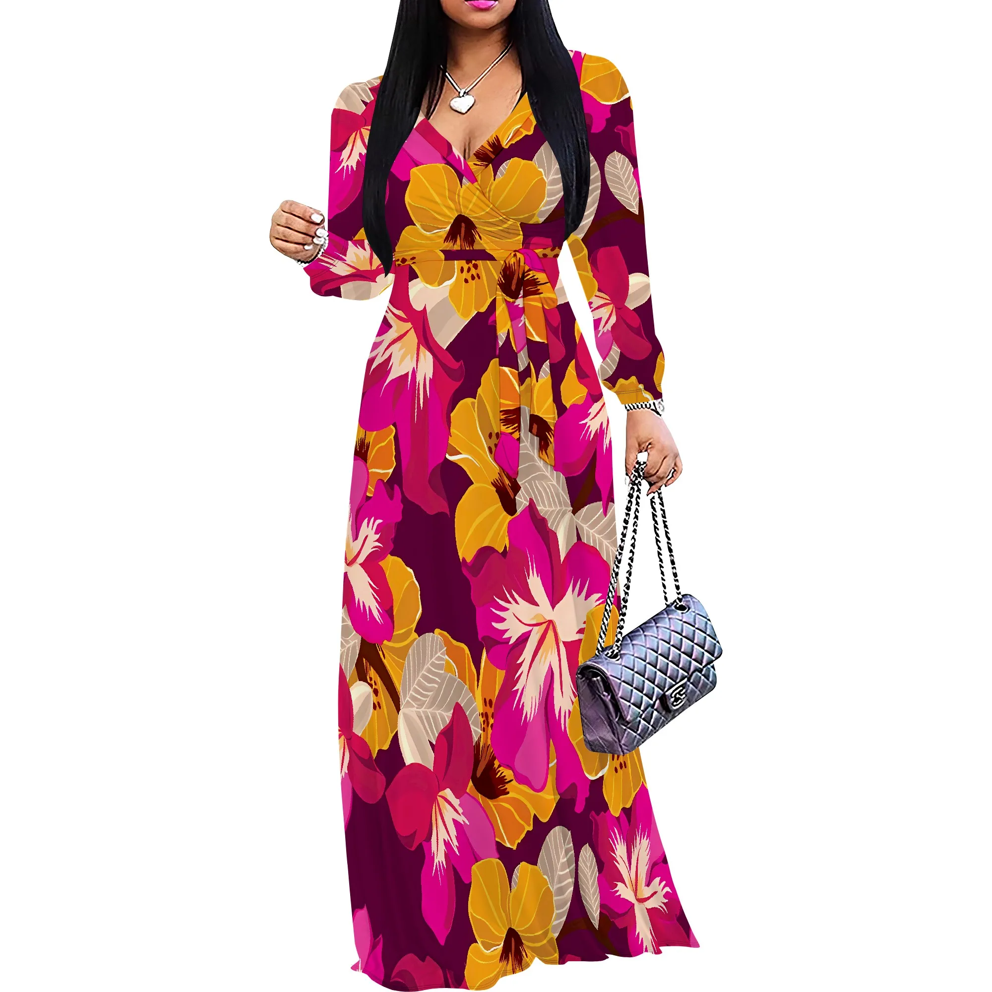 Abito lungo con scollo a V di taglia standard con stampa di fiori rossi e pappagalli a maniche lunghe in stile Boho per l'autunno