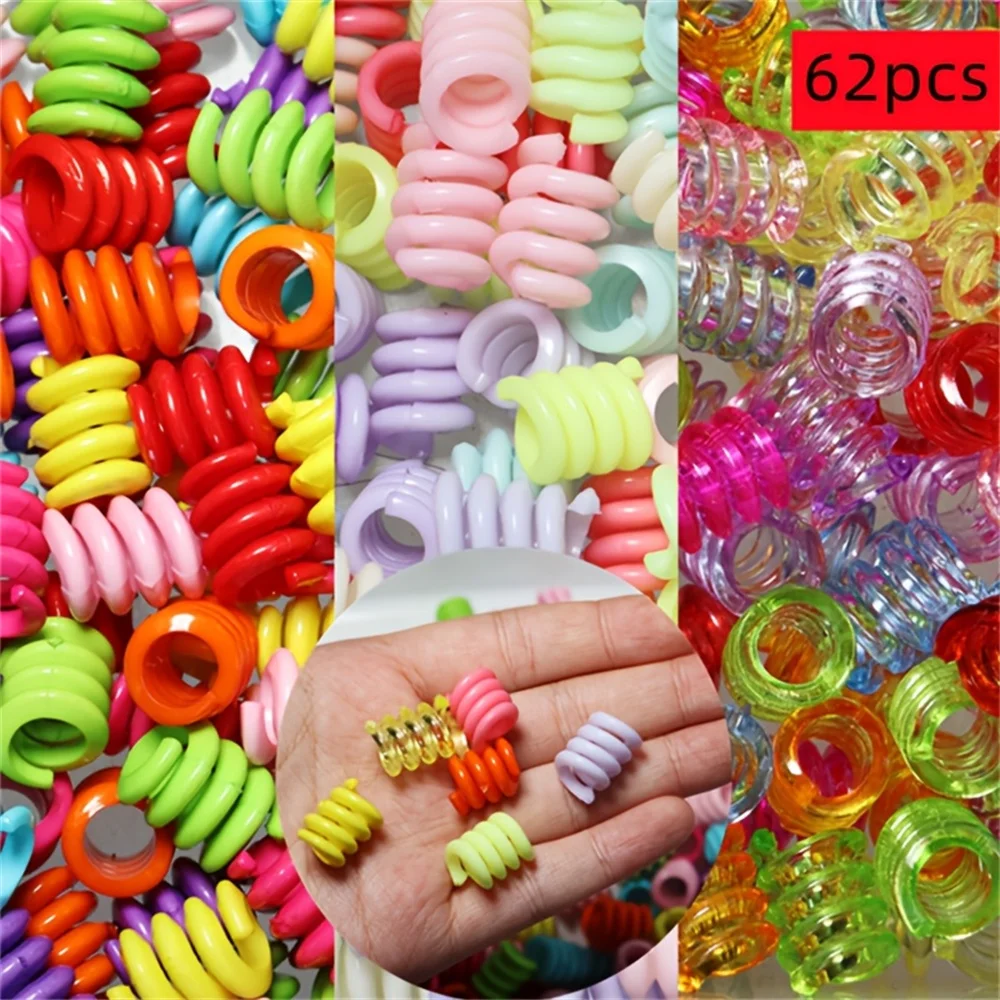 62pcs 1.4 * 1.9cm Acrylic Spring Shaped Beads Colorful Hair Beads DIY Headwear Hair Rings Friendship Beads