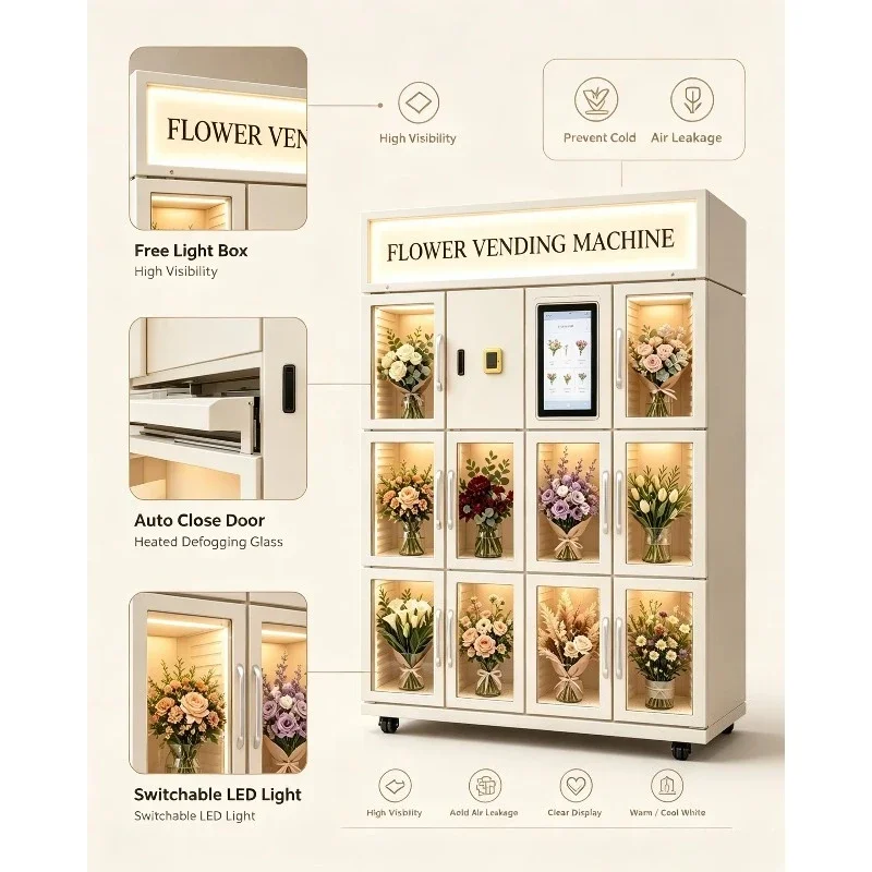 Refrigerated Flower Vending Machine Auto Close Door  Defog Glass Free Light Box Coin Bill Bank Card Payment for Bouquet Sale
