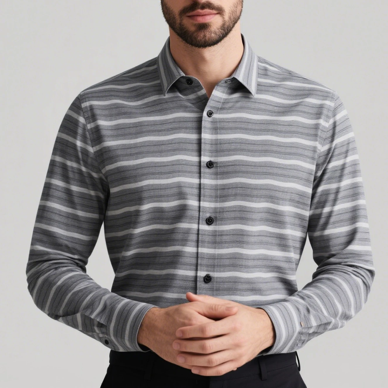 Men's new simple business fine-line wave graphic shirt long-sleeved lapel soft comfortable fabric shirt street vacation clothes