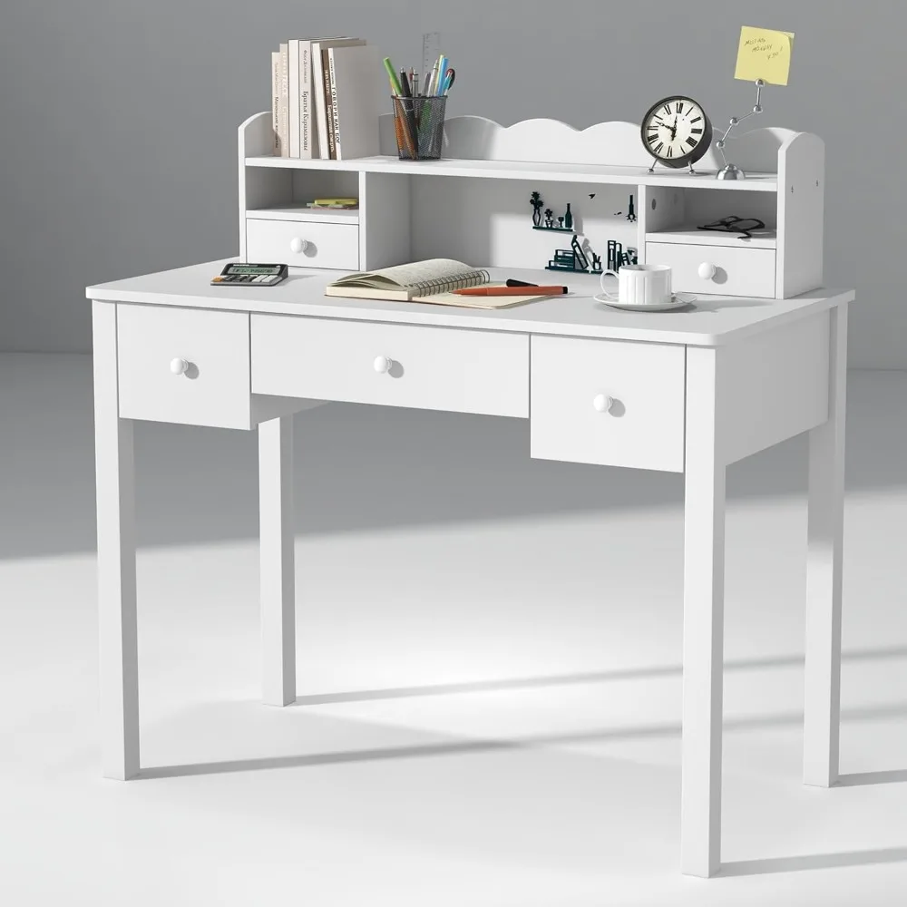 

White Writing Desk with Hutch & 5 Drawers - 40 Inch Modern Computer Workstation for Home Office, Teen Desk, Small Study Desk, Id