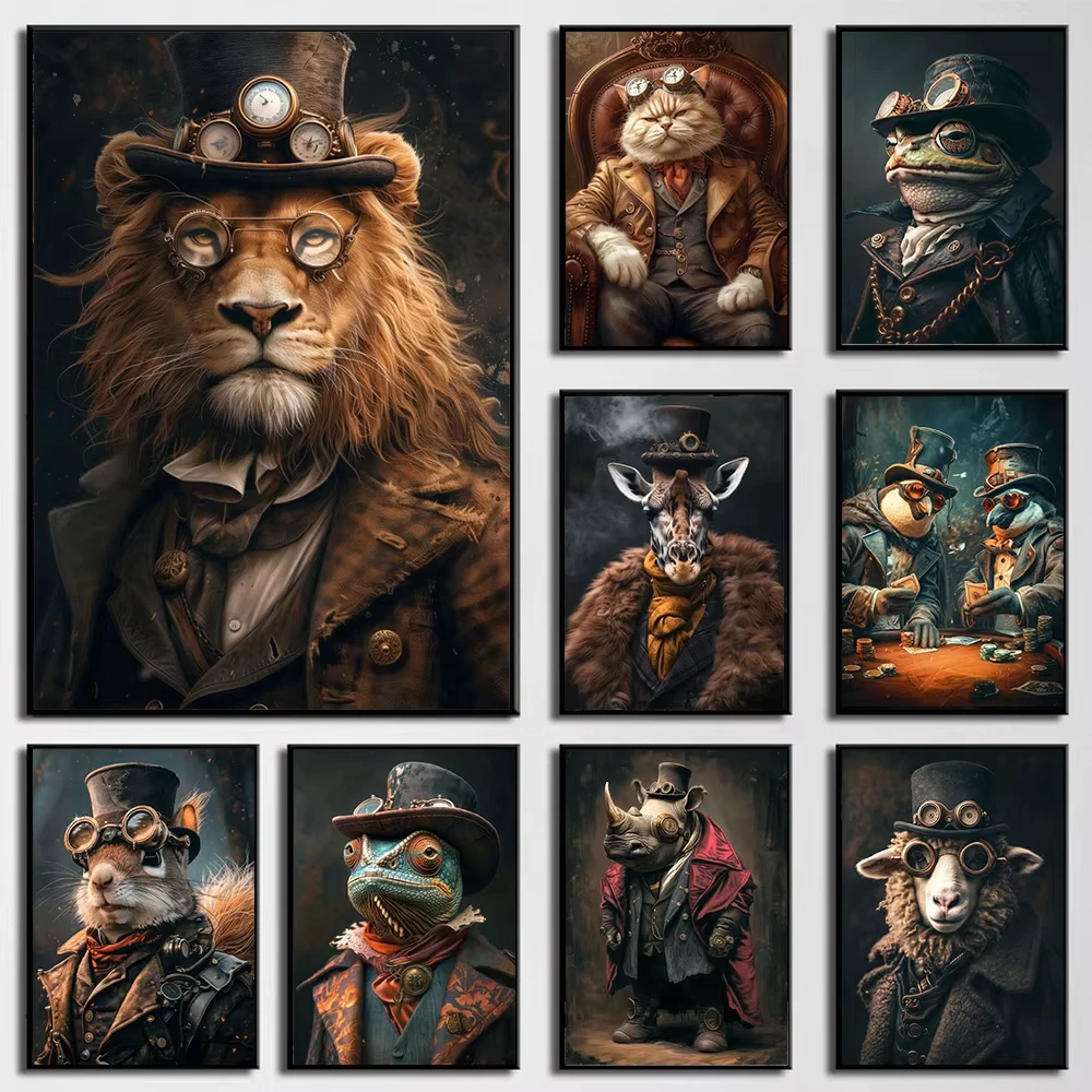 Cool Steampunk Animals Portrait Canvas Print Posters Pictures Retro Animal Wall Art Painting Mural for Living Room Home Decor