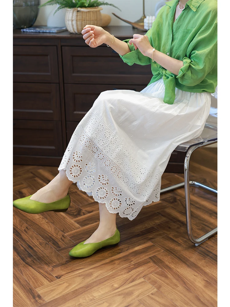 

Ретро-юбка А-силуэта с высокой талией, утягивающая, универсальная, белая, с вышивкой и кружевной отделкой, повседневная, из хлопка, для женщин