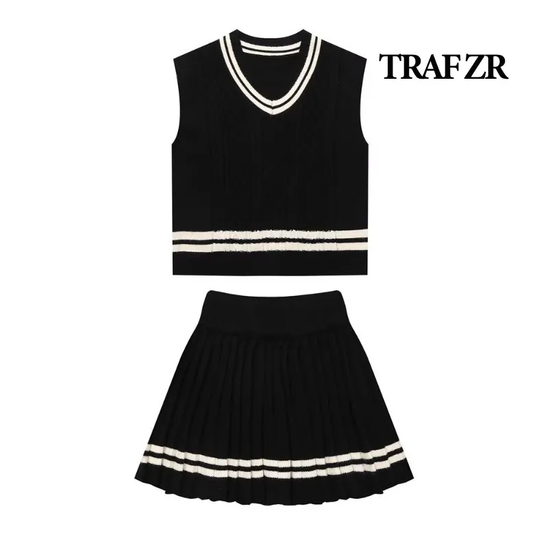 

TRAF ZR Skirts Set Woman Two Pieces Casual Elegant Preppy Style Sets Vacation Outfits Woman 2024 Basics Vest Sets Y2k Outfit Set