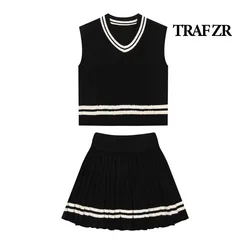 TRAF ZR Skirts Set Woman Two Pieces Casual Elegant Preppy Style Sets Vacation Outfits Woman 2024 Basics Vest Sets Y2k Outfit Set