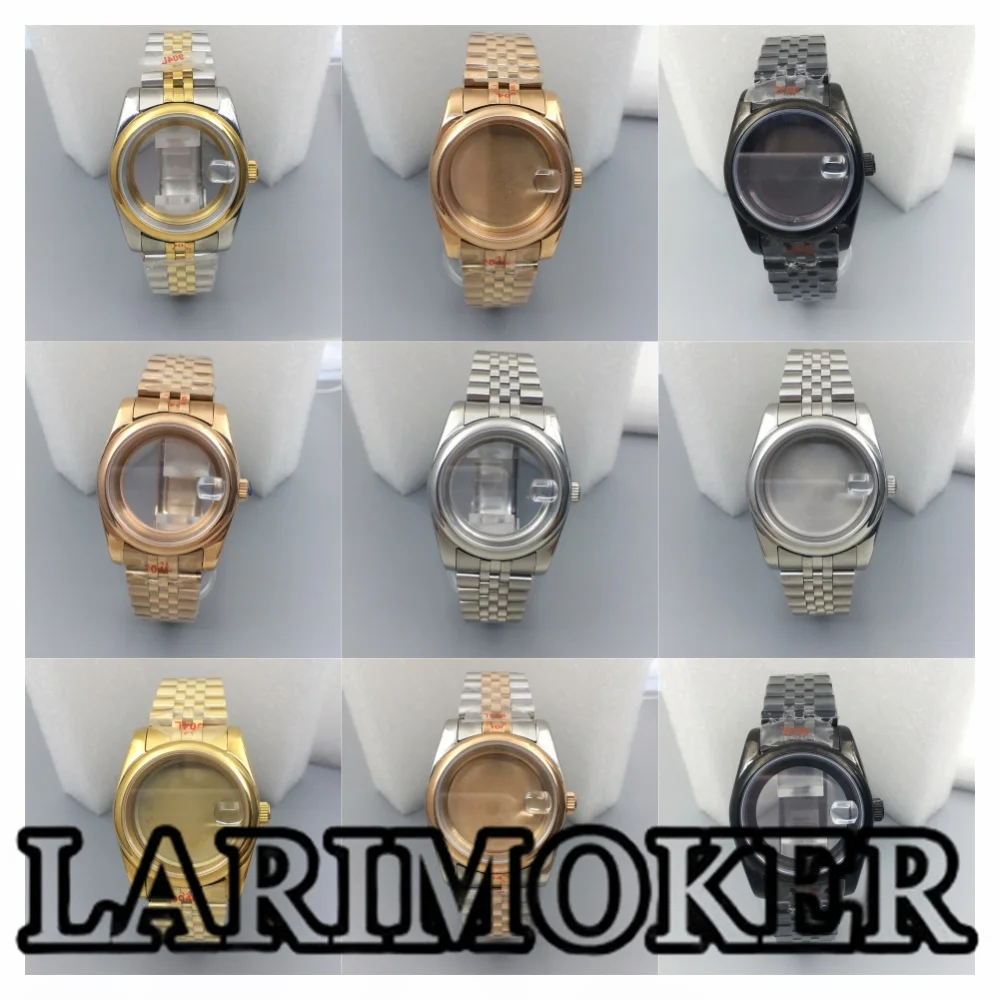 LARIMOKER-Caixa de vidro redonda Sapphire Bezel, aço inoxidável Bracele para NH35 NH36 ETA2824 PT5000 movimento automático, 36mm 39mm