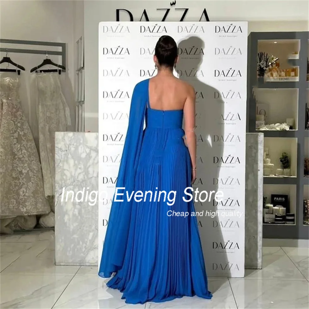 Indigo Prom Dress 2024 A-Line One Shoulder Open Back Split Chiffon Floor-Length Pleat Elegant Evening Gowns For Women فساتين الس