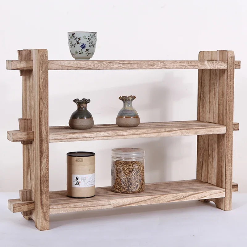 Solid wood small antique tea pot and tea set storage display rack Duobao Ge antique rack storage rack tea cup rack