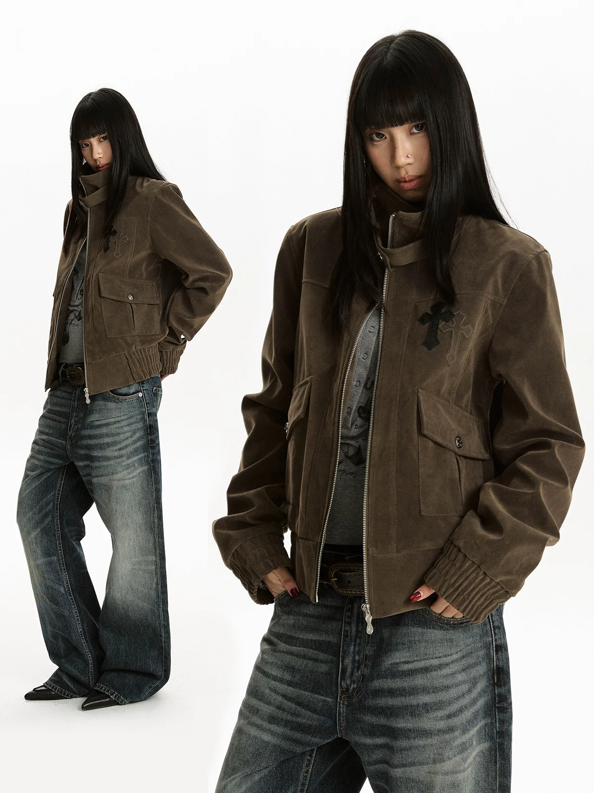 

Aket American Retro Suede Cross Stand Collar Jaet ort Women's Spring Spicy Street Sle Warm Loose Fit Long Sve