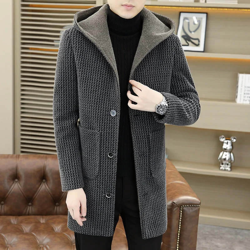 เสื้อโค้ทผู้ชายปี 2026: เสื้อโค้ทขนสัตว์มิงค์สีทองพร้อมหมวก รุ่นความยาวปานกลางแบบเกาหลี ผ้าหนาและบุขนแกะ