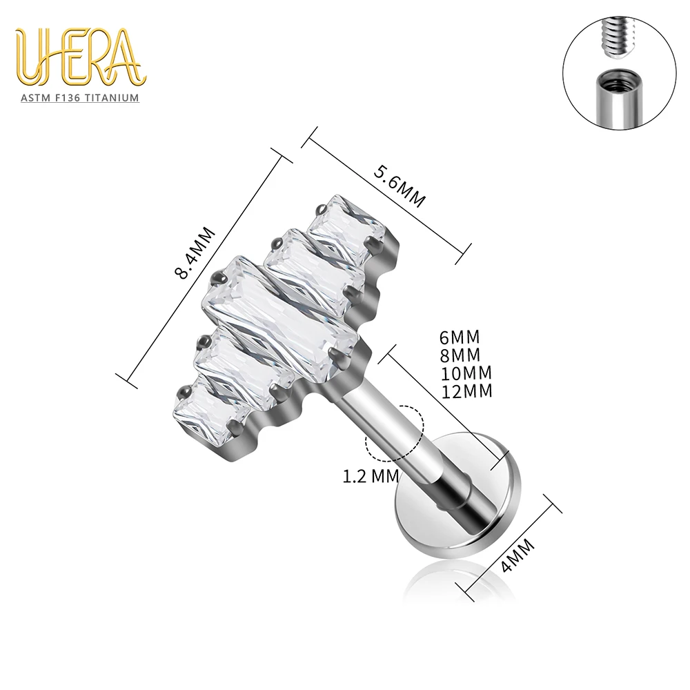 G23 ASTM F136 Titan Labret Stud mit Schmetterlings-Mond-Top und Baguette-Zirkonia, Innengewinde, für Knorpel-, Ohr-, Lippen- und Körperpiercings – Detail 7