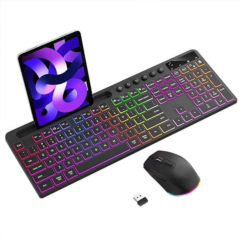 

Wireless Keyboard Mouse Combo Set with Backlit Full Size Ergonomic Keyboard with Phone Tablet Holder 2.4G Mouse for PC Laptop
