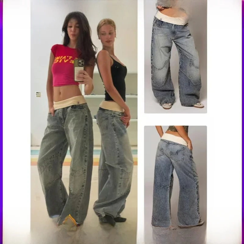 Y2K High Waist Cuffed Jeans Women's Straight Leg High Elasticity Denim Pants Streetwear Trousers in Dirty Pink for Autumn Season