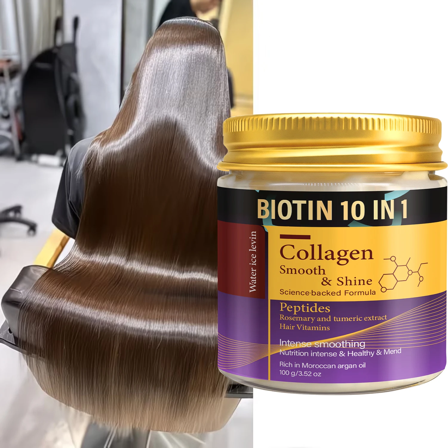 Hidratante Capilar 10 en 1 con Colágeno, Péptidos, Romero, Cúrcuma y Aceite de Argán. Suavizado Intenso, Brillo Saludable, Repara el Daño. 100g.
