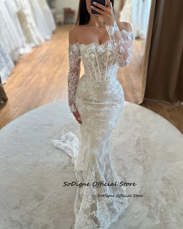 SoDigne Mermaid Lace Wedding Dresses Off Shoulder Long Sleeves Bridal Dress Boho Wedding Gown Robe De Mairee ﻿Customized