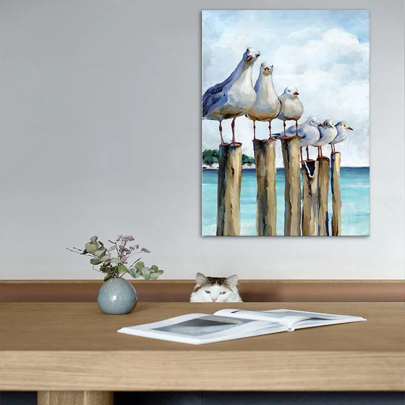 Seagull Wall Art  White and Blue Canvas Prints Beach Themed Coastal Birds Painting Calming Animal Picture for Living Room Decor