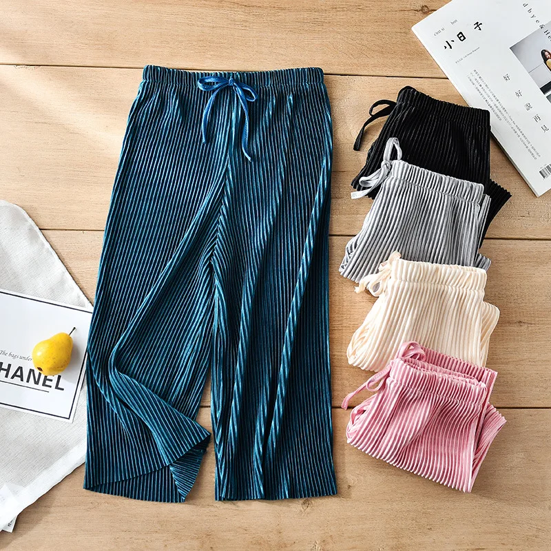 2025 New Girls' Pleated Wide-Leg Pants, Chiffon Ice Silk 9/10 Trousers, Loose Casual & Stylish Summer Wear，For Daily Wear.
