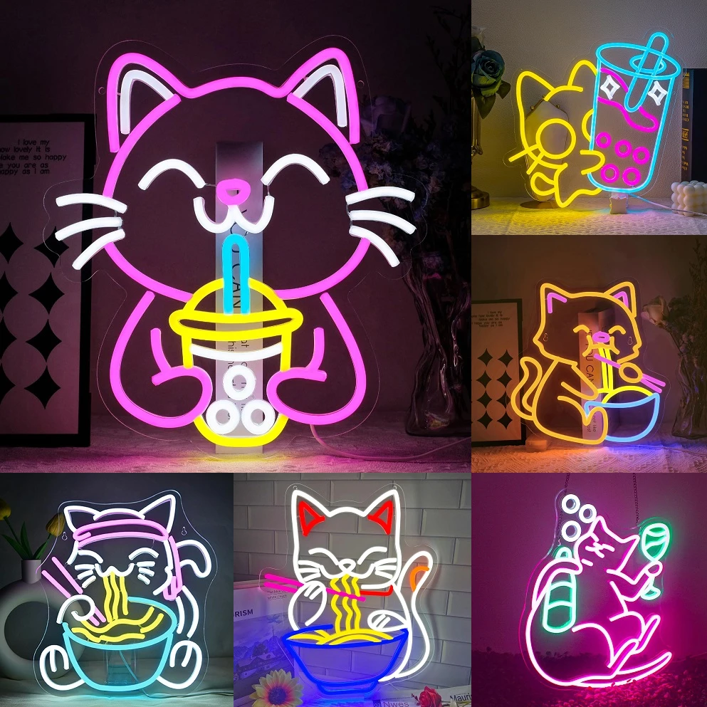 Cat Boba Tea Neon Sign for Wall Decor Dimmable Cute Cat Led Light Signs Bubble Tea Neon Light for Cafe Bar Restaurant Decoration