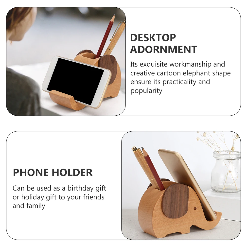 

Elephant Pen Holder Organizer for Desk Holders Wooden Phone Ornaments Storage Cartoon Office