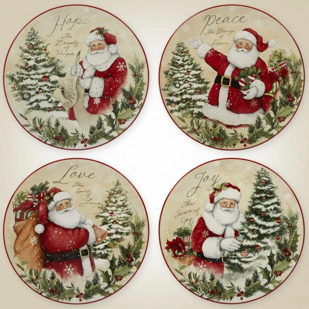 

Винтажные рождественские тарелки для салата, набор из 4 шт., 9-дюймовая керамика с дизайном Санта-Клауса для развлечения праздника
