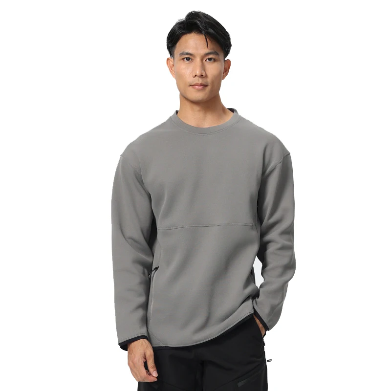 (S-3XL)Men Women Round Neck Long Sleeve Sport T-shirt Running Sweater with Zipper Pocket Autumn Winter All-match Fitness Shirt