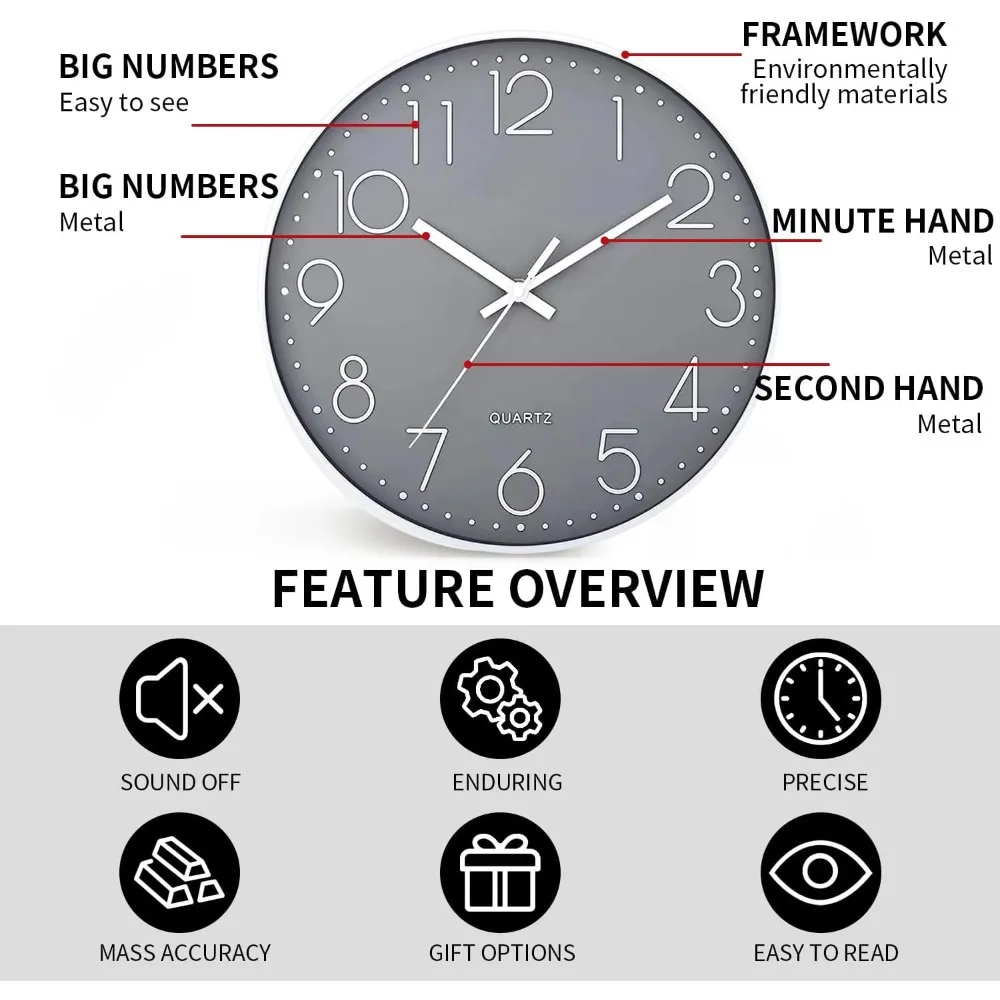 

Wall Clock, Silent & Non Ticking, Modern Quartz Battery Operated Digital, Quiet Sweep, 9 Inch Wall Clock